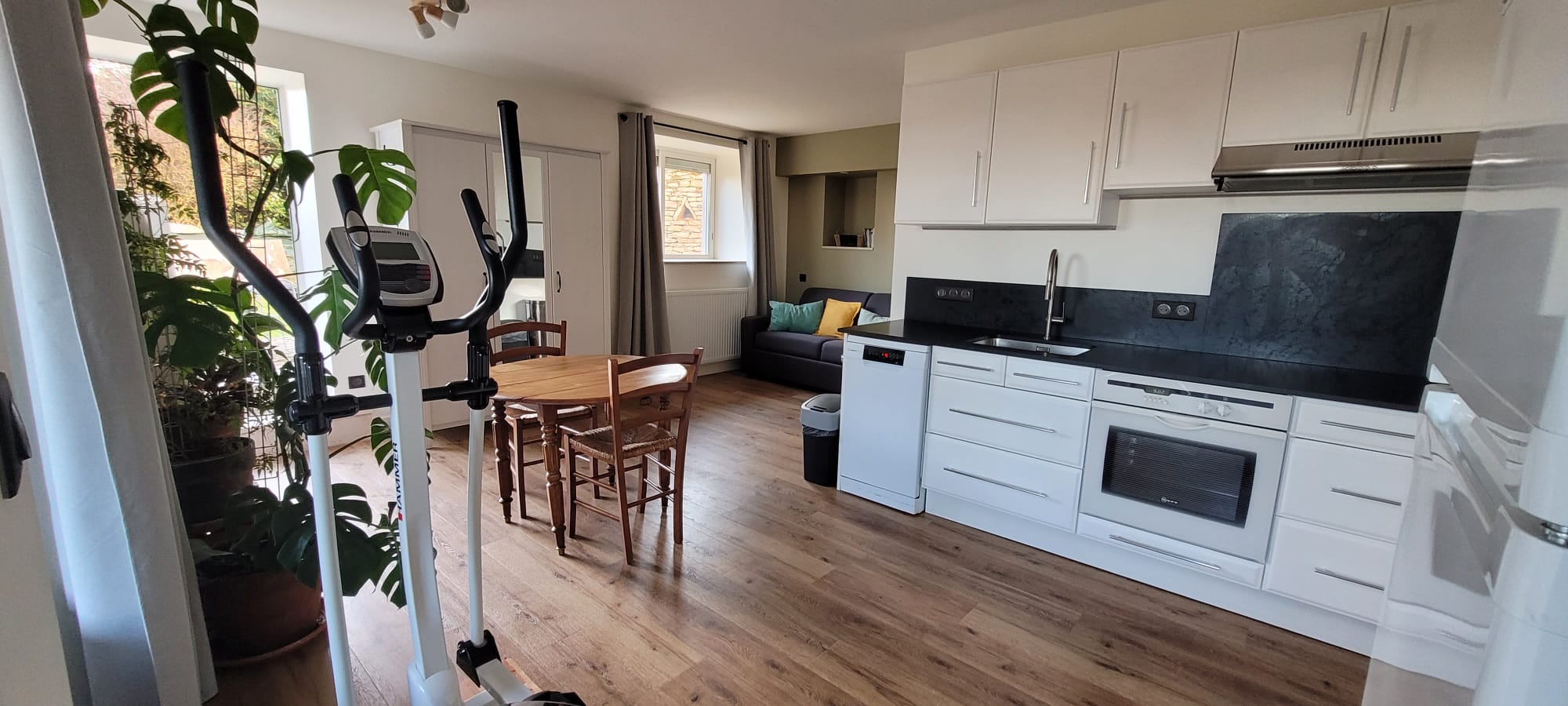 Cuisine ouverte avec plantes vertes du gîte L'Ammonite